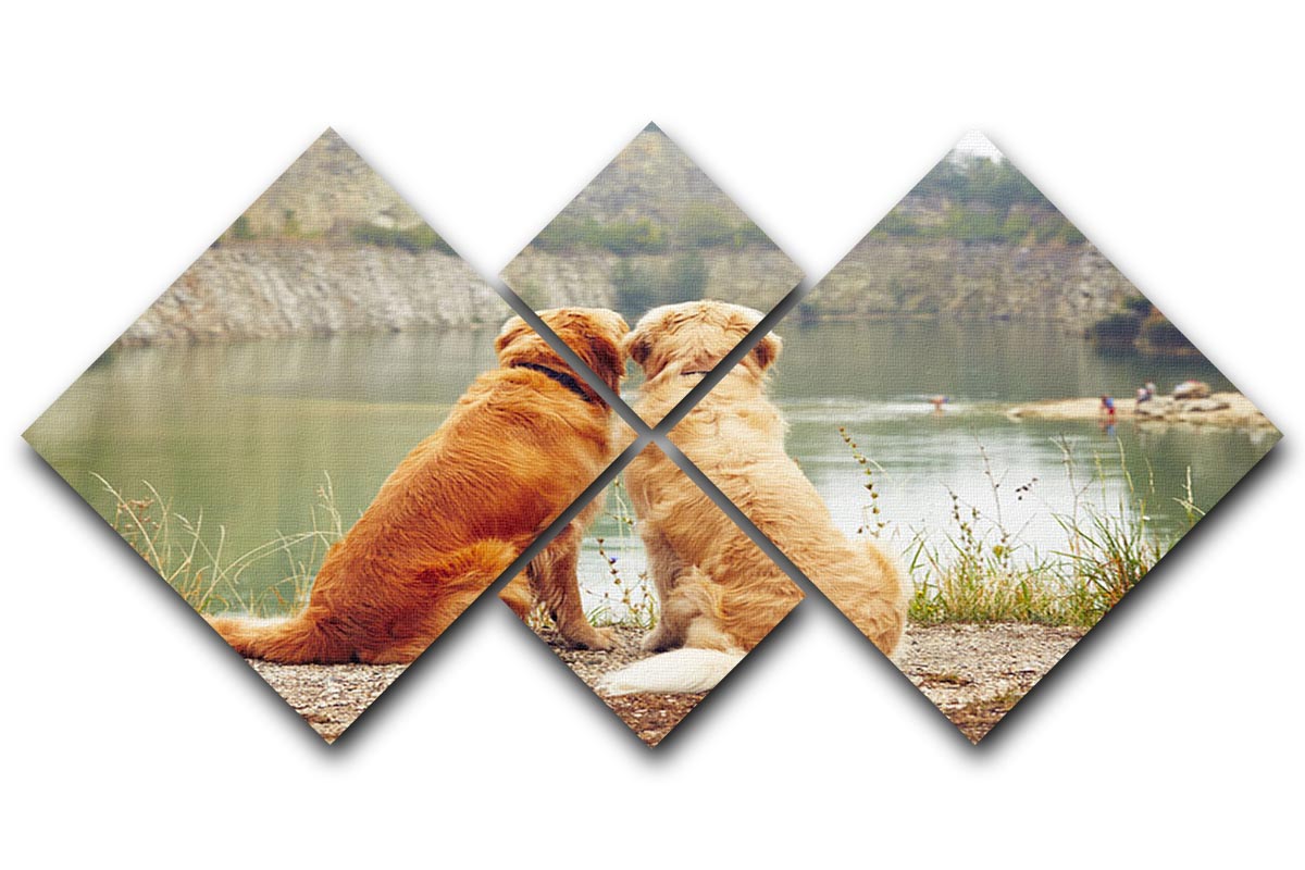 A 4-square canvas artwork depicting two golden retriever dogs swimming in a serene lake, showcasing vibrant colors and detailed design.