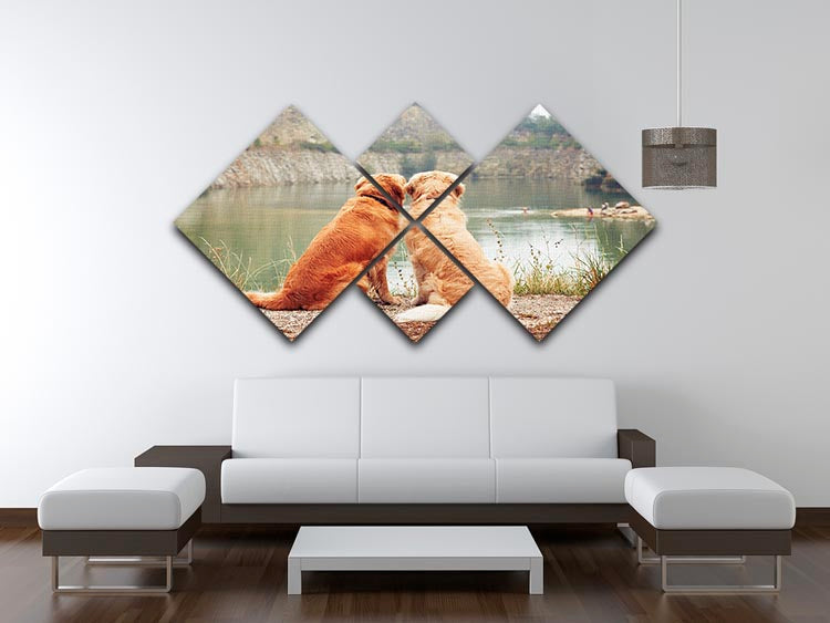 A 4-square canvas artwork depicting two golden retriever dogs swimming in a serene lake, showcasing vibrant colors and detailed design.