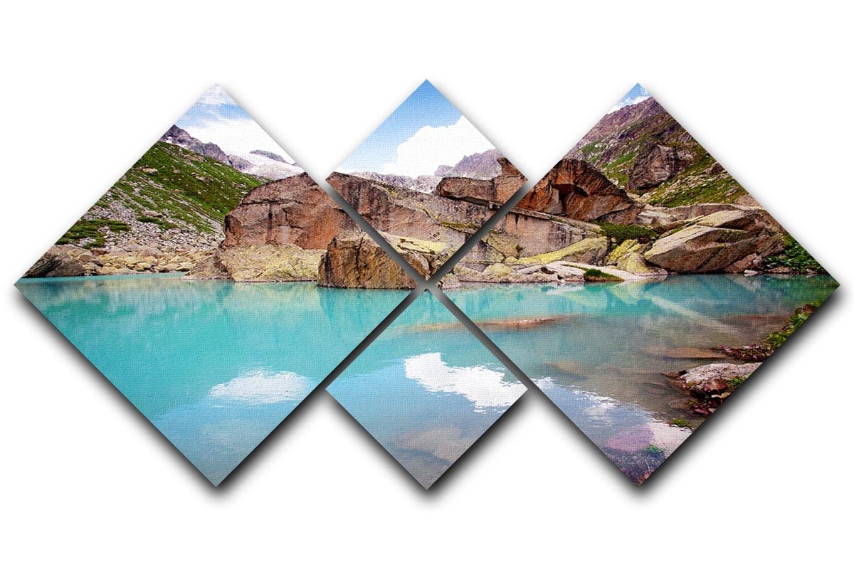Lake Mountains 4 Square Multi Panel Canvas artwork featuring serene lake and mountain scenery divided into four panels.