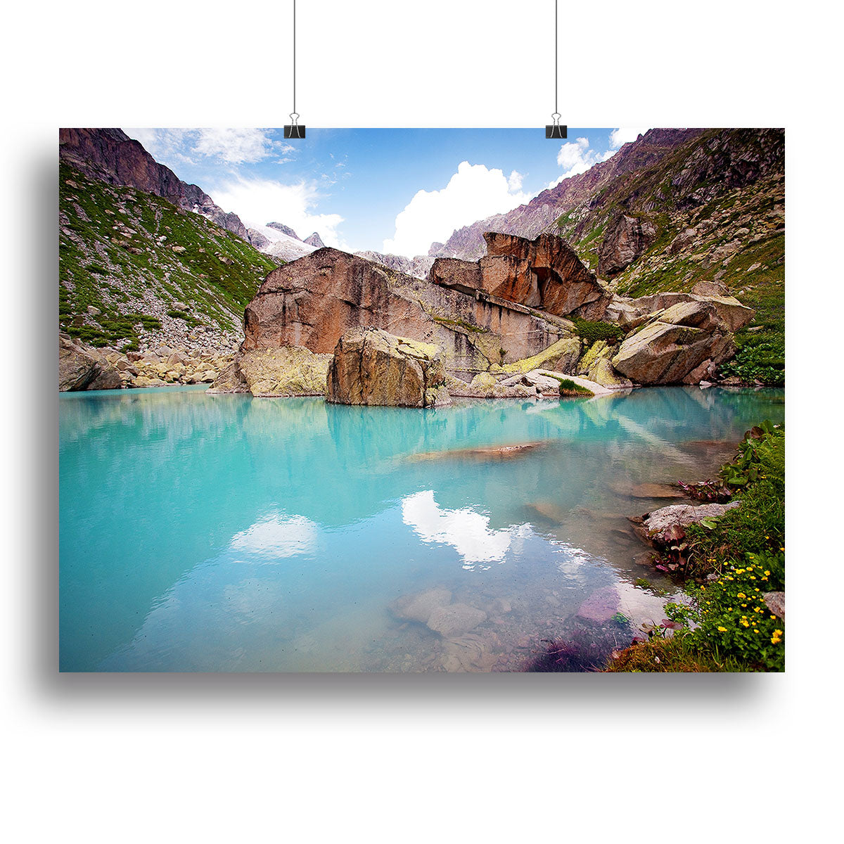 A beautiful canvas print featuring serene lake mountains, showcasing vibrant colors and intricate details, perfect for home decor.