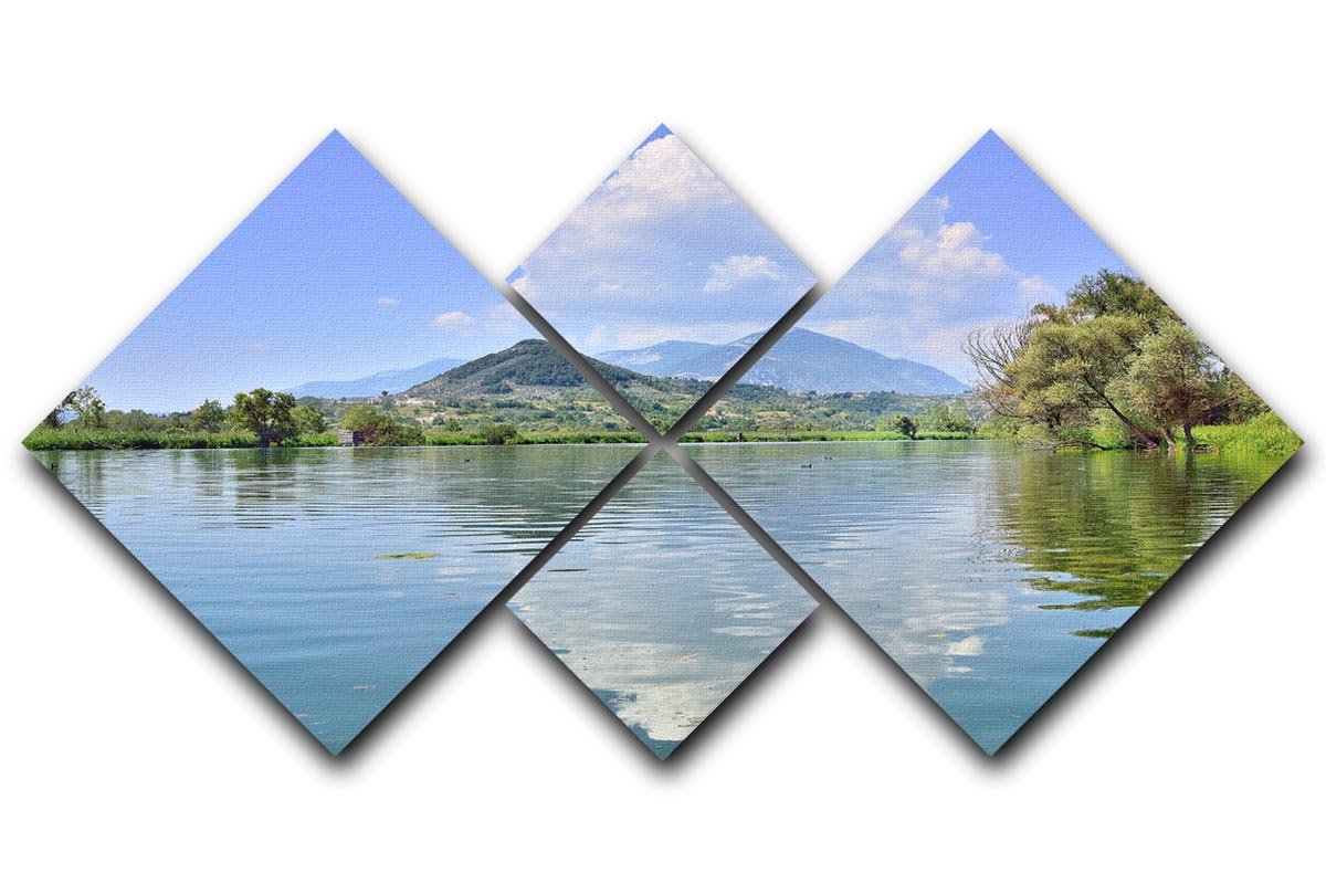 Lake of Posta Fibreno 4 Square Multi Panel Canvas artwork featuring serene lake scenery divided into four equal panels.