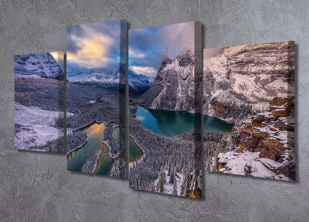 Lake Ohara 4 Split Panel Canvas artwork featuring vibrant colors and a cohesive design across four panels.