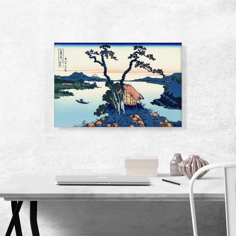 A beautiful canvas print of Lake Suwa in the Shinano Province, showcasing serene waters and surrounding nature from 1830.