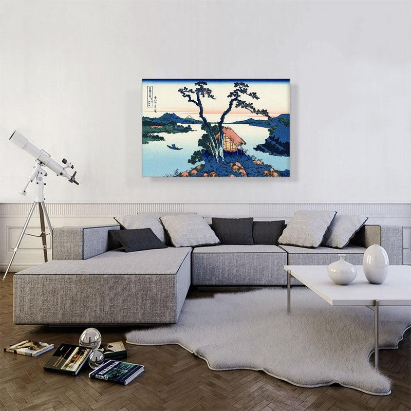 A beautiful canvas print of Lake Suwa in the Shinano Province, showcasing serene waters and surrounding nature from 1830.