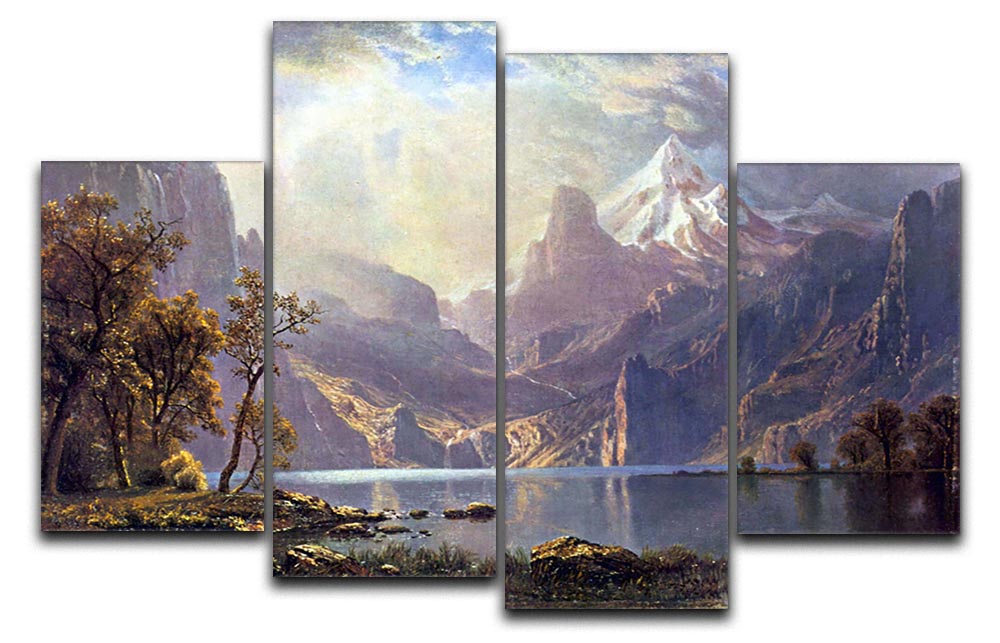 Lake Tahoe by Bierstadt 4 Split Panel Canvas artwork showcasing serene lake and mountain scenery in four panels.
