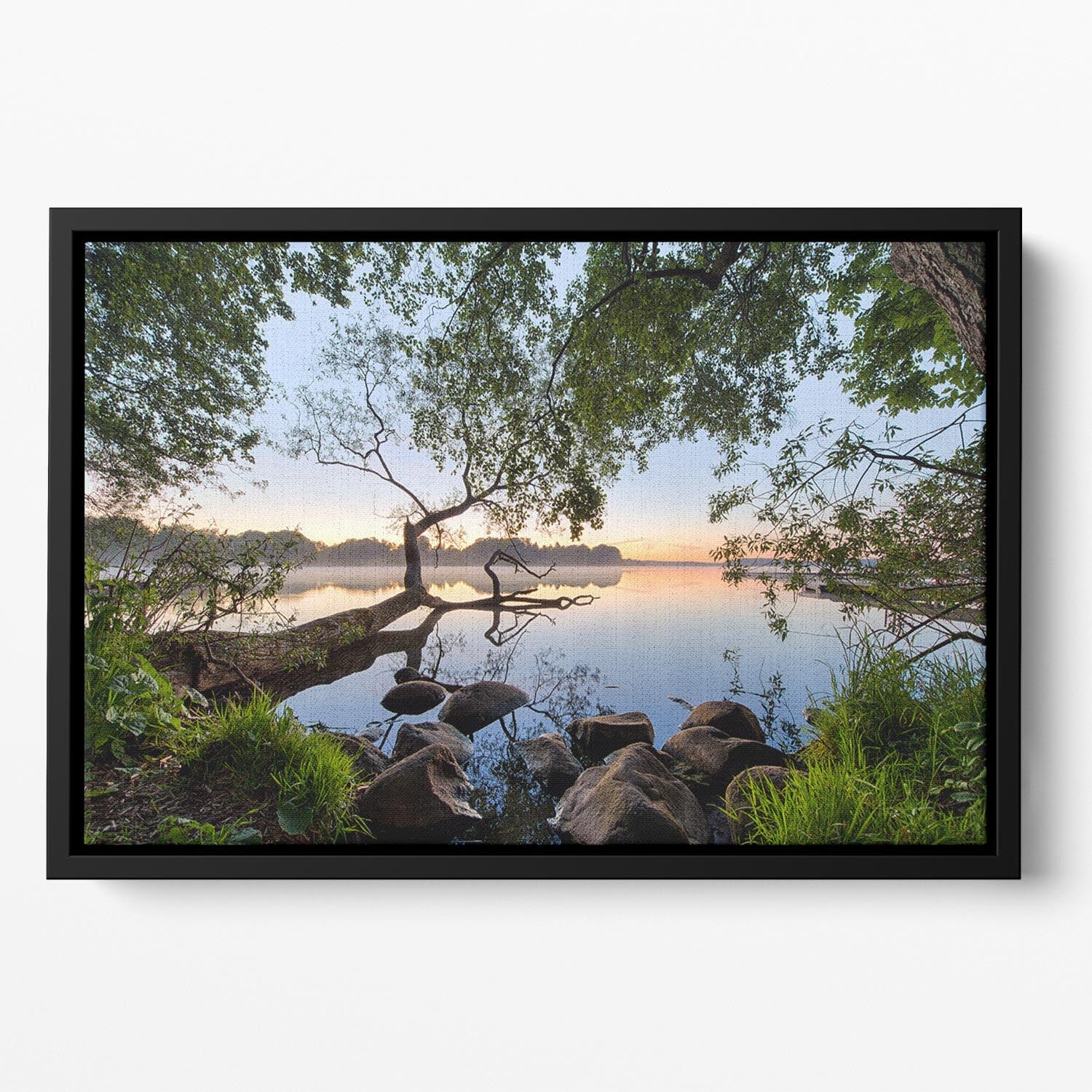Lake View Floating Framed Canvas featuring vibrant abstract design in a handcrafted wooden frame, ideal for modern home decor.