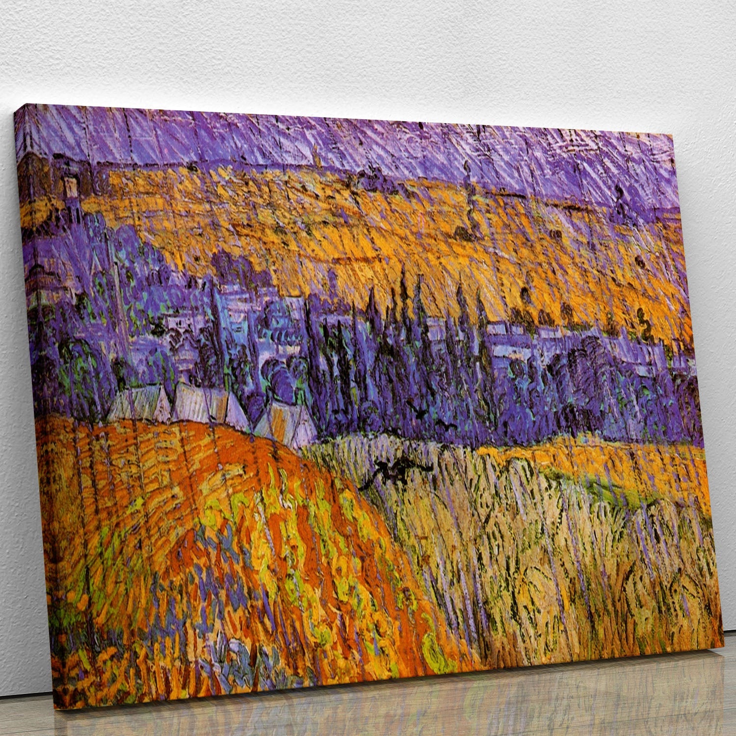 Canvas print of Van Gogh's Landscape at Auvers in the Rain, showcasing vibrant colors and dynamic brushwork.