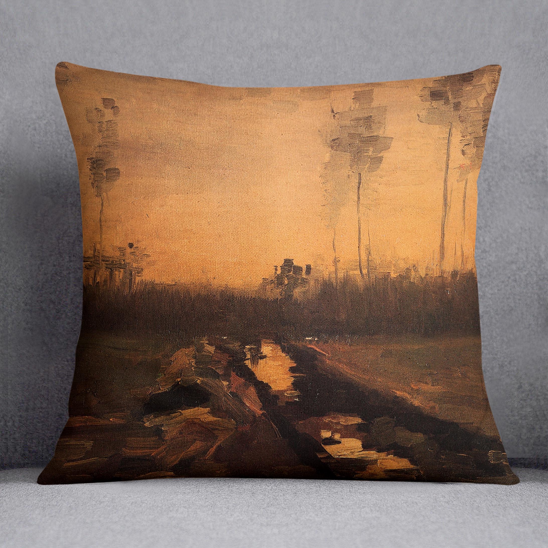 A vibrant cushion featuring Van Gogh's Landscape at Dusk design, made from luxurious vegan faux suede, showcasing rich colors and intricate patterns.