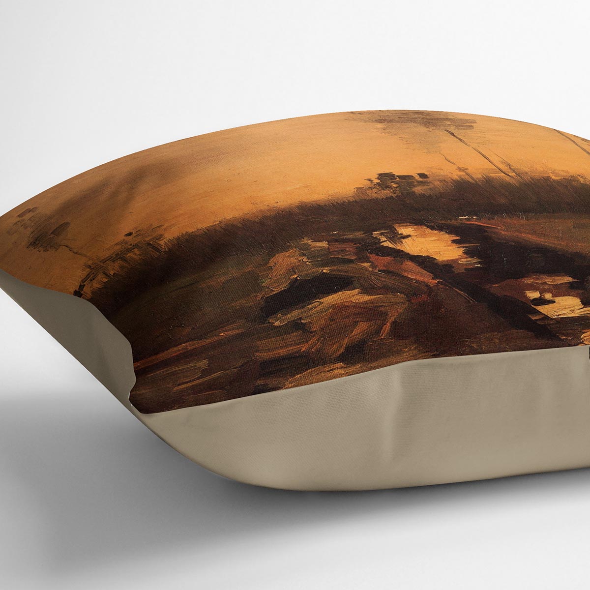 A vibrant cushion featuring Van Gogh's Landscape at Dusk design, made from luxurious vegan faux suede, showcasing rich colors and intricate patterns.