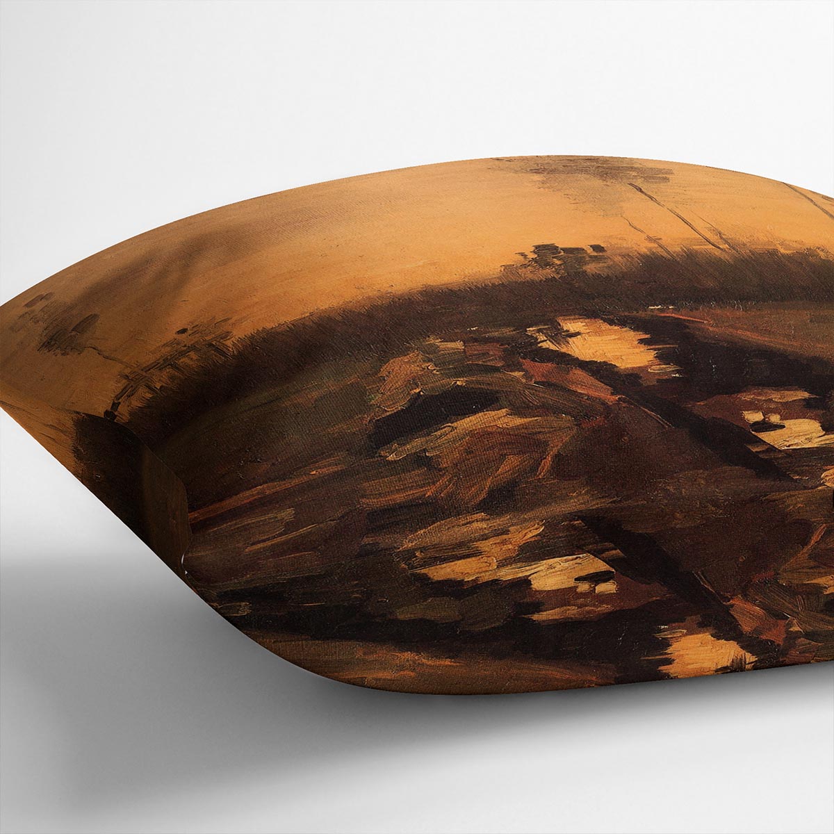 A vibrant cushion featuring Van Gogh's Landscape at Dusk design, made from luxurious vegan faux suede, showcasing rich colors and intricate patterns.