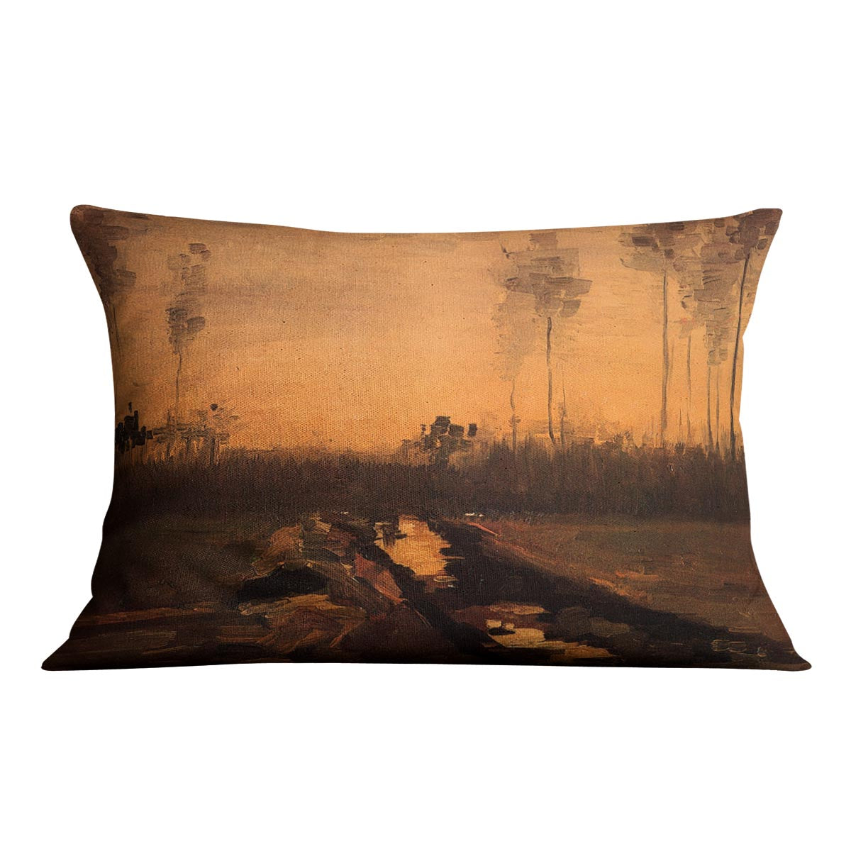 A vibrant cushion featuring Van Gogh's Landscape at Dusk design, made from luxurious vegan faux suede, showcasing rich colors and intricate patterns.