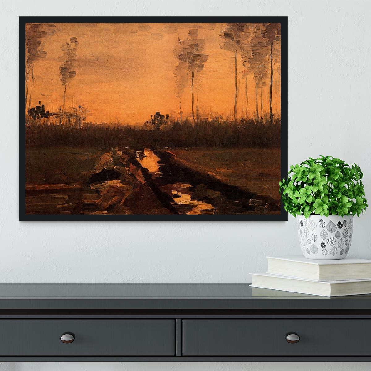 Framed print of Van Gogh's Landscape at Dusk, showcasing vibrant colors and intricate details in a handmade frame.