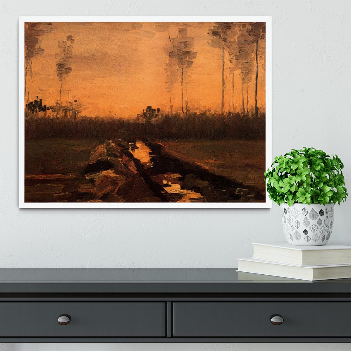 Framed print of Van Gogh's Landscape at Dusk, showcasing vibrant colors and intricate details in a handmade frame.