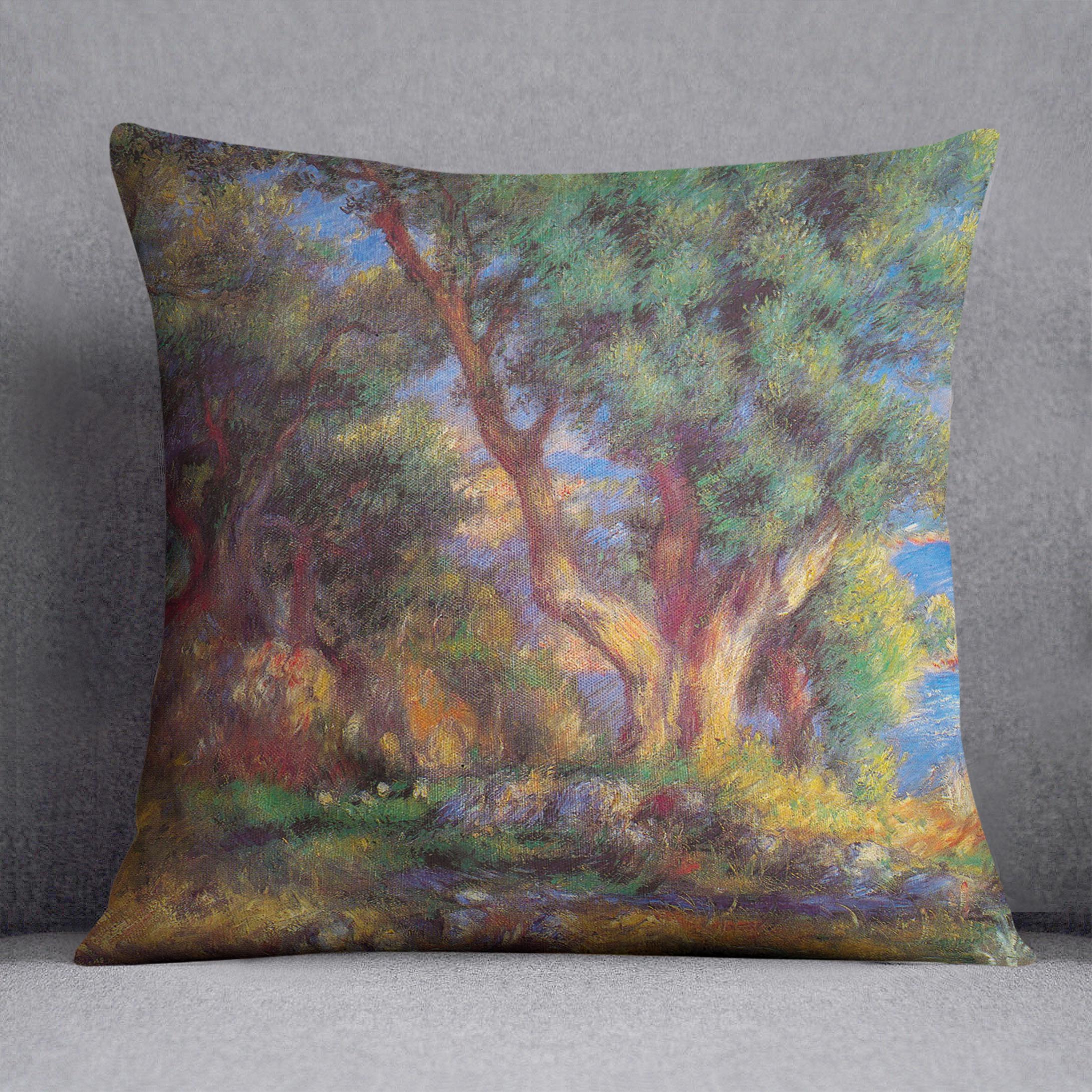 A vibrant cushion featuring the Landscape in Menton by Renoir design, made from luxurious vegan faux suede, showcasing rich colors and abstract patterns.