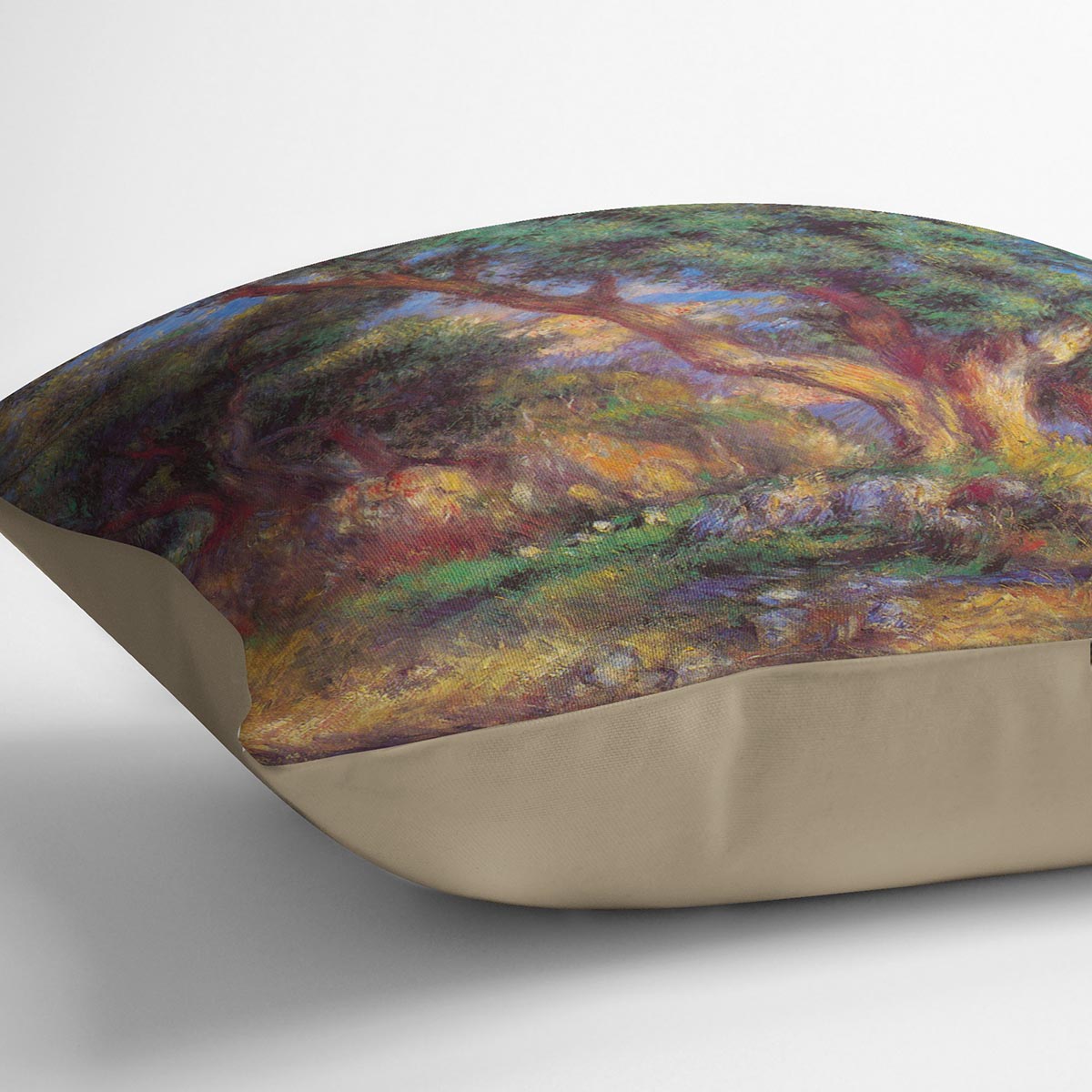 A vibrant cushion featuring the Landscape in Menton by Renoir design, made from luxurious vegan faux suede, showcasing rich colors and abstract patterns.