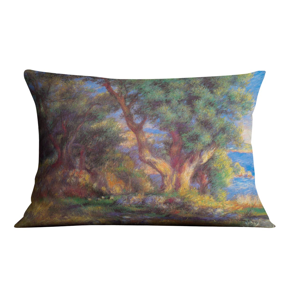 A vibrant cushion featuring the Landscape in Menton by Renoir design, made from luxurious vegan faux suede, showcasing rich colors and abstract patterns.