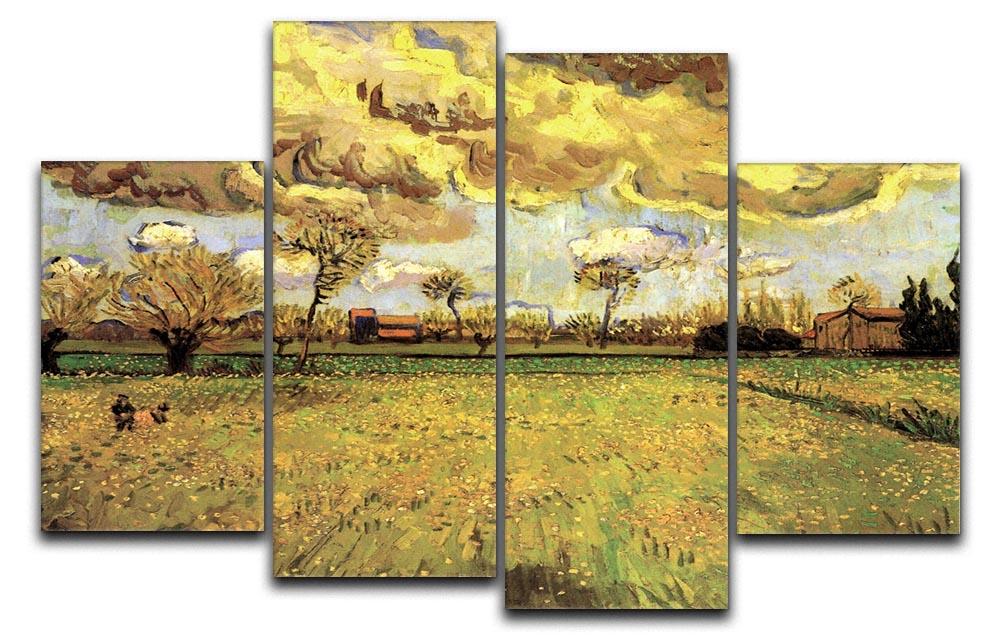 4 split panel canvas featuring Van Gogh's Landscape Under a Stormy Sky, showcasing vibrant colors and dynamic clouds.