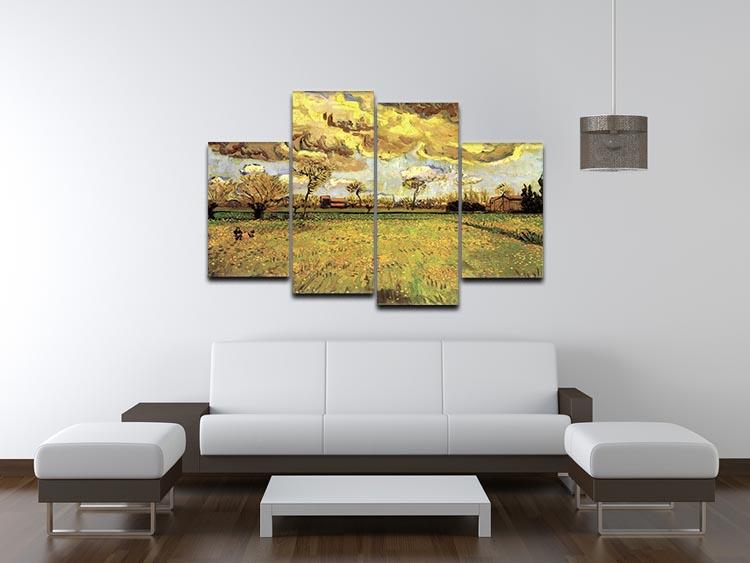 4 split panel canvas featuring Van Gogh's Landscape Under a Stormy Sky, showcasing vibrant colors and dynamic clouds.