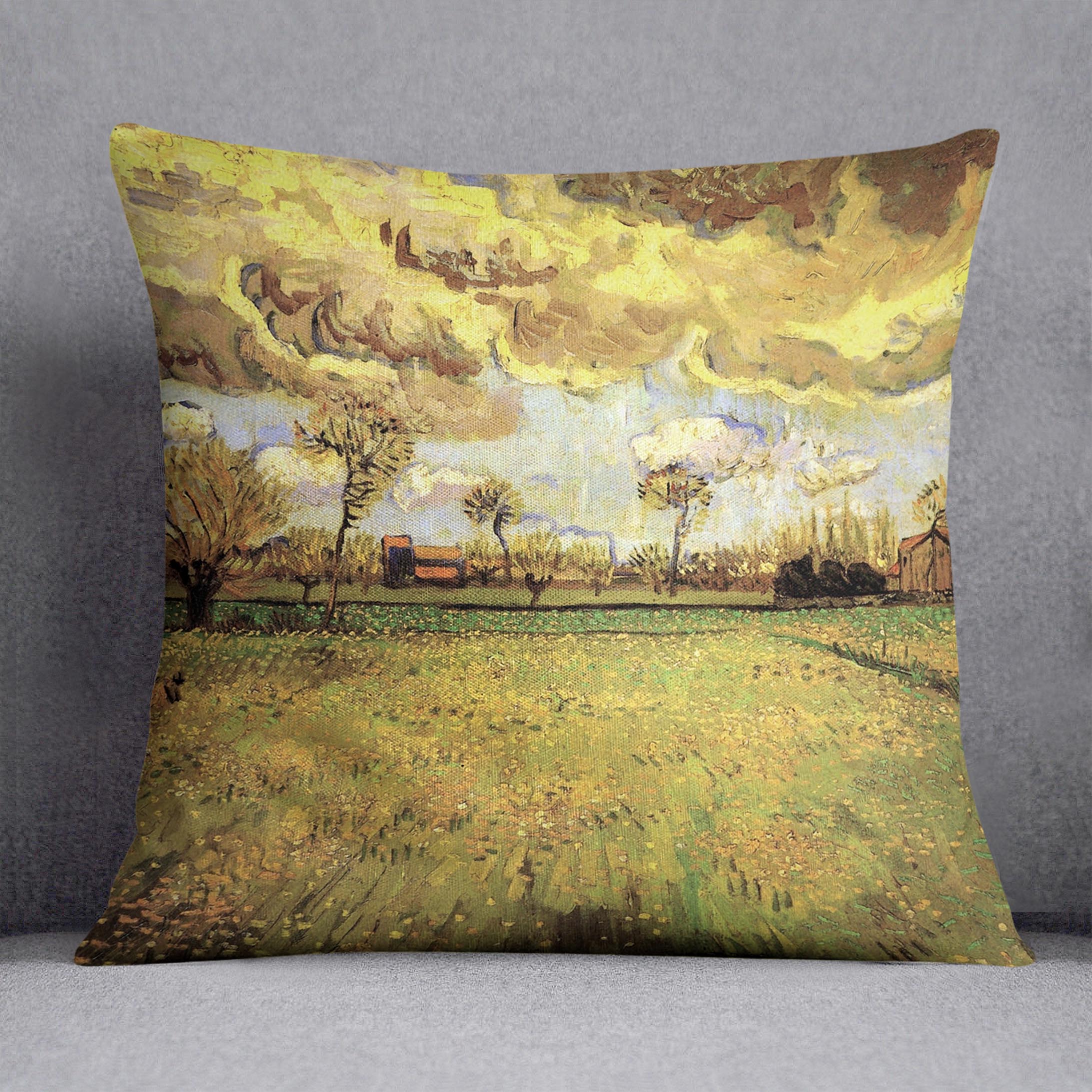 A vibrant cushion featuring Van Gogh's Landscape Under a Stormy Sky artwork, made from luxurious vegan faux suede.