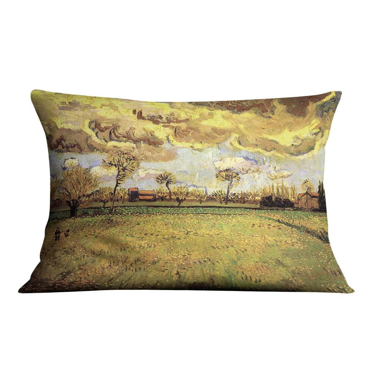 A vibrant cushion featuring Van Gogh's Landscape Under a Stormy Sky artwork, made from luxurious vegan faux suede.
