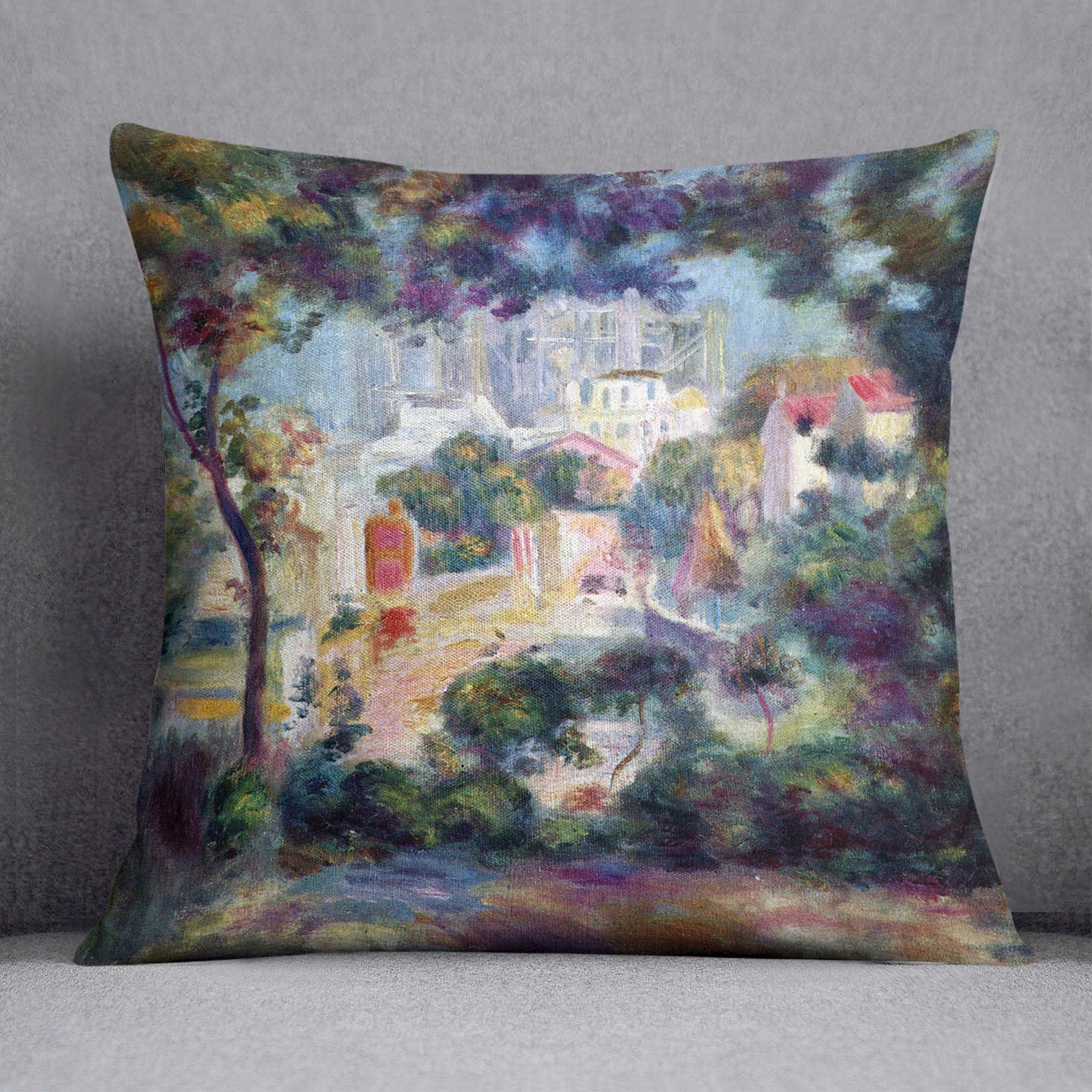A vibrant cushion featuring Renoir's Landscape with a view of the Sacred Heart, made from luxurious vegan faux suede.