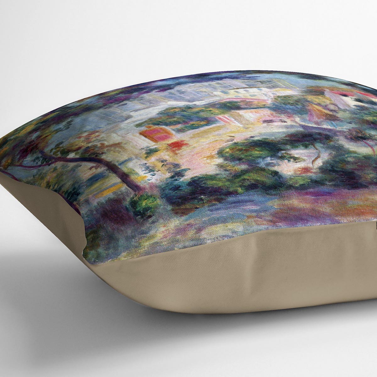 A vibrant cushion featuring Renoir's Landscape with a view of the Sacred Heart, made from luxurious vegan faux suede.