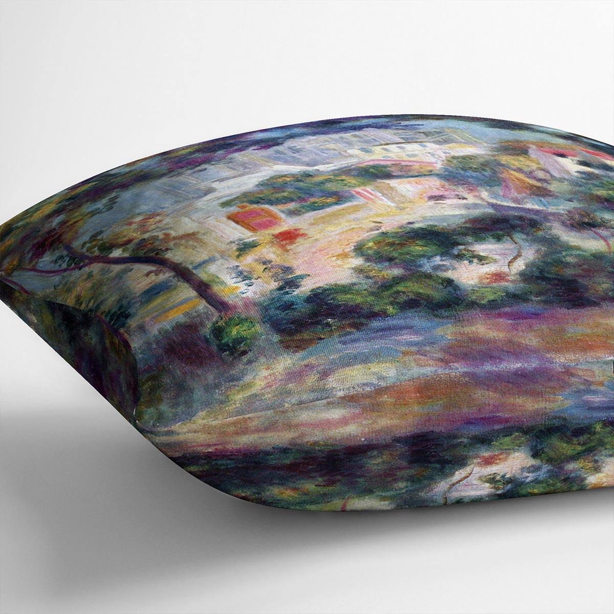 A vibrant cushion featuring Renoir's Landscape with a view of the Sacred Heart, made from luxurious vegan faux suede.