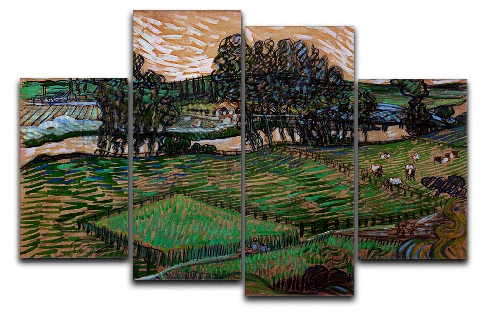 A 4-split canvas artwork featuring Van Gogh's Landscape with Bridge across the Oise, showcasing vibrant colors and dynamic design.