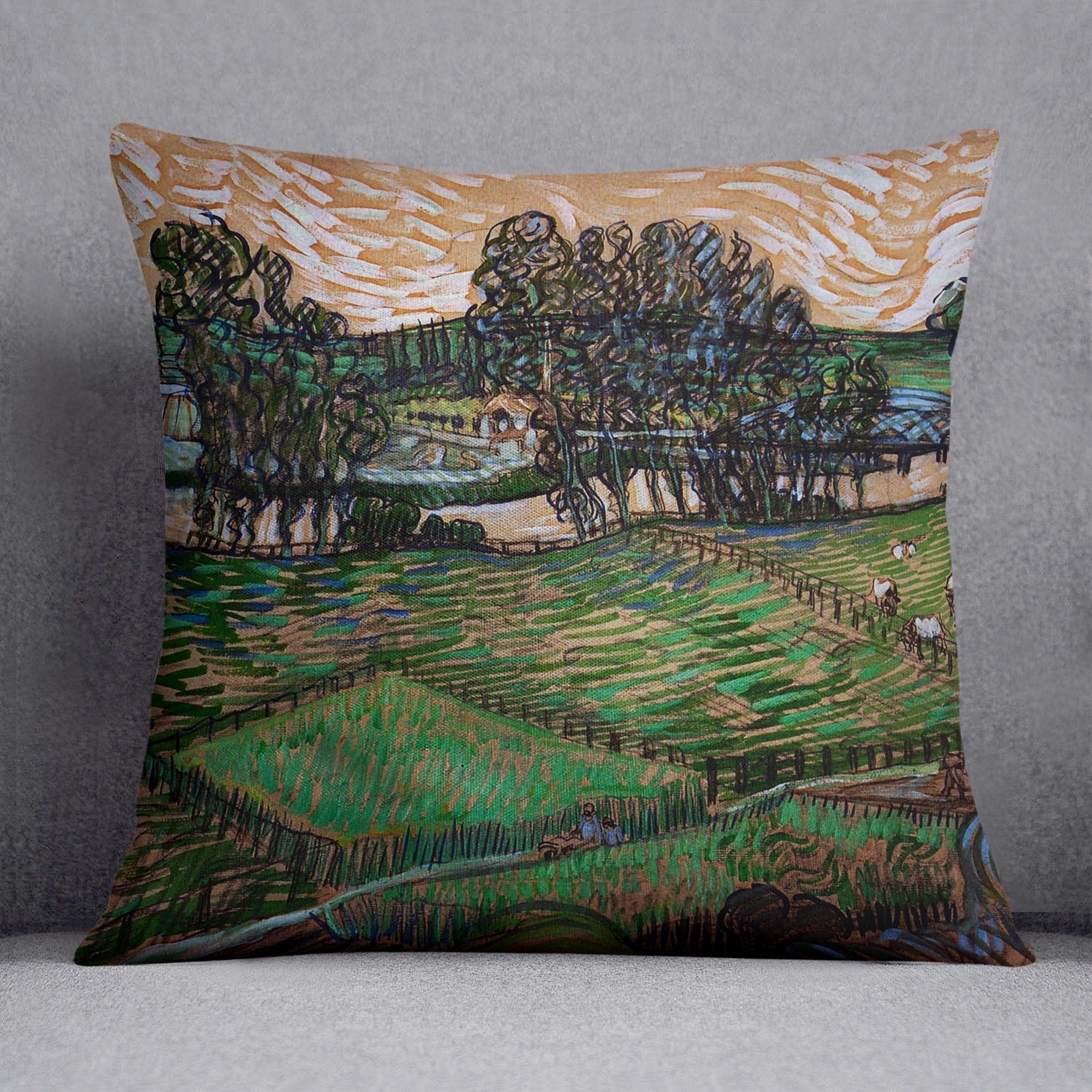 Vibrant cushion featuring Van Gogh's Landscape with Bridge across the Oise, made from luxurious vegan faux suede.