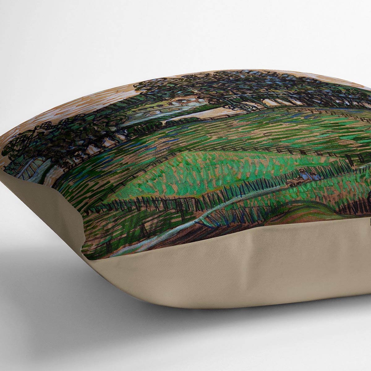 Vibrant cushion featuring Van Gogh's Landscape with Bridge across the Oise, made from luxurious vegan faux suede.