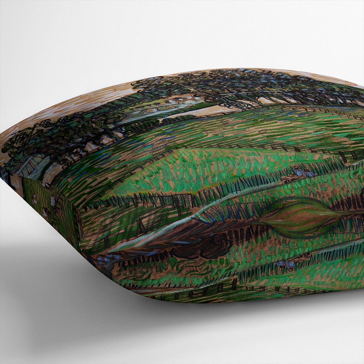 Vibrant cushion featuring Van Gogh's Landscape with Bridge across the Oise, made from luxurious vegan faux suede.