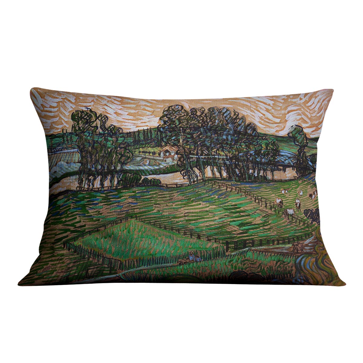 Vibrant cushion featuring Van Gogh's Landscape with Bridge across the Oise, made from luxurious vegan faux suede.