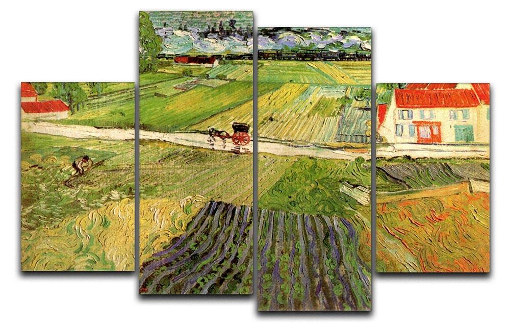 A 4-split canvas artwork featuring Van Gogh's Landscape with Carriage and Train, showcasing vibrant colors and dynamic composition.