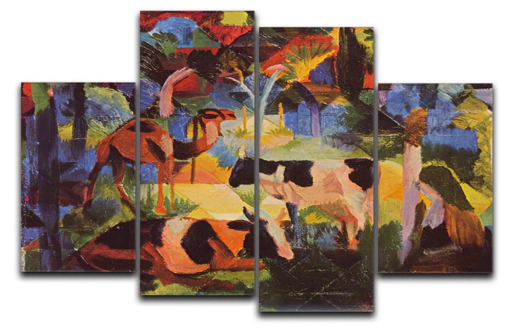 A beautiful 4-split canvas artwork featuring a landscape with cows and camels, showcasing vibrant colors and intricate details.