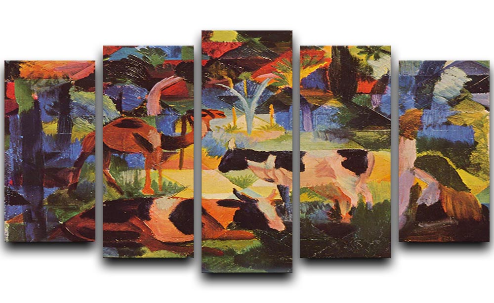 A vibrant 5-split canvas artwork featuring a serene landscape with cows and camels, showcasing dynamic colors and intricate details.