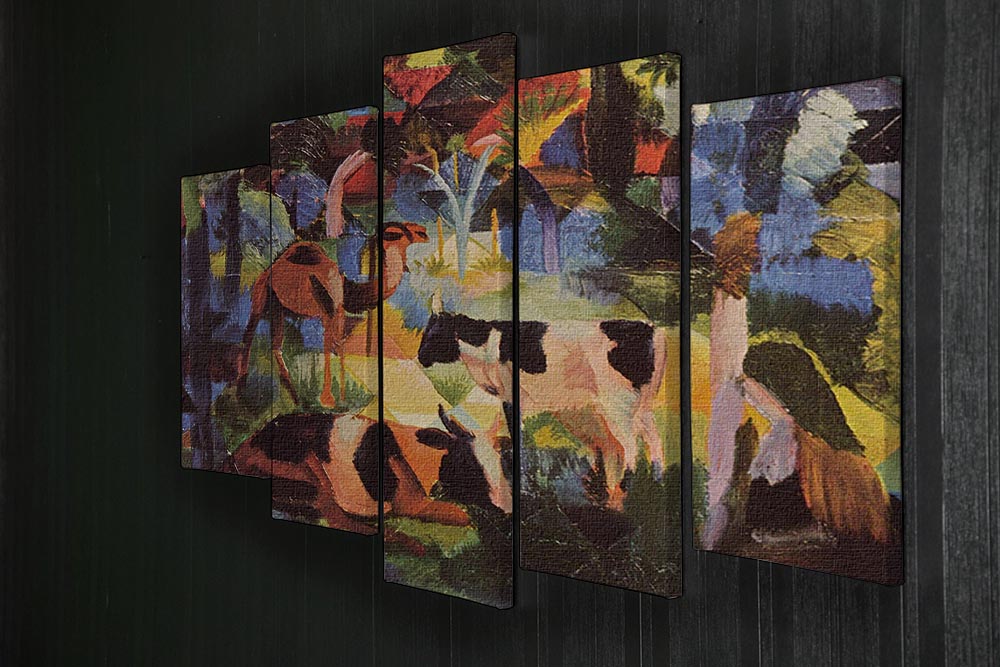 A vibrant 5-split canvas artwork featuring a serene landscape with cows and camels, showcasing dynamic colors and intricate details.