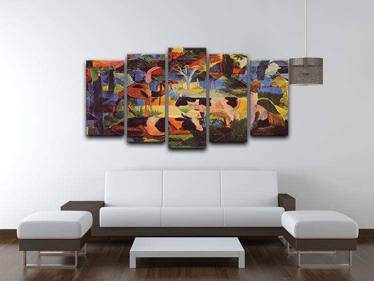 A vibrant 5-split canvas artwork featuring a serene landscape with cows and camels, showcasing dynamic colors and intricate details.