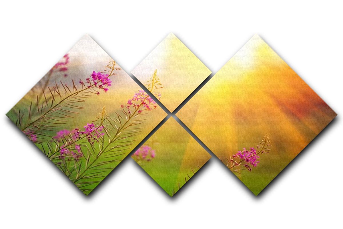 A vibrant 4-square canvas artwork featuring a landscape with blooming fireweed under a sunny summer sky.