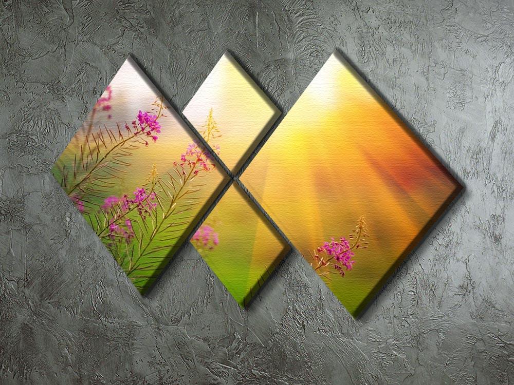 A vibrant 4-square canvas artwork featuring a landscape with blooming fireweed under a sunny summer sky.