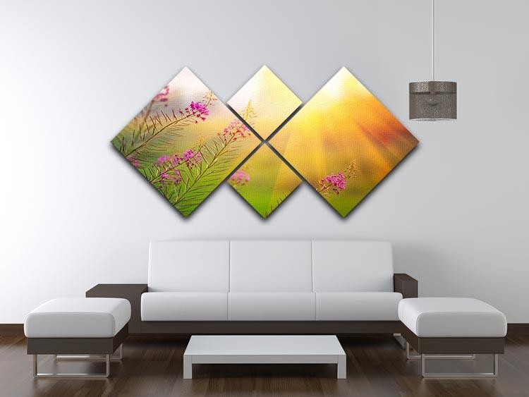 A vibrant 4-square canvas artwork featuring a landscape with blooming fireweed under a sunny summer sky.