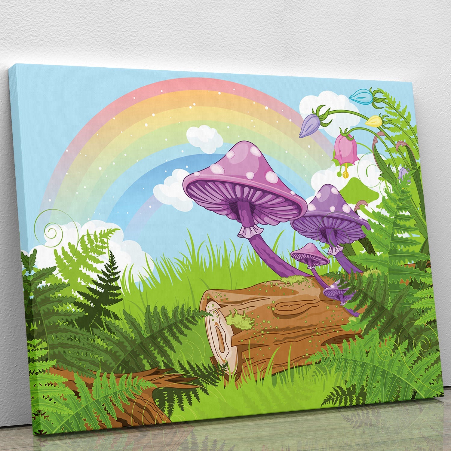A vibrant landscape canvas print featuring colorful mushrooms and flowers, perfect for home decor.