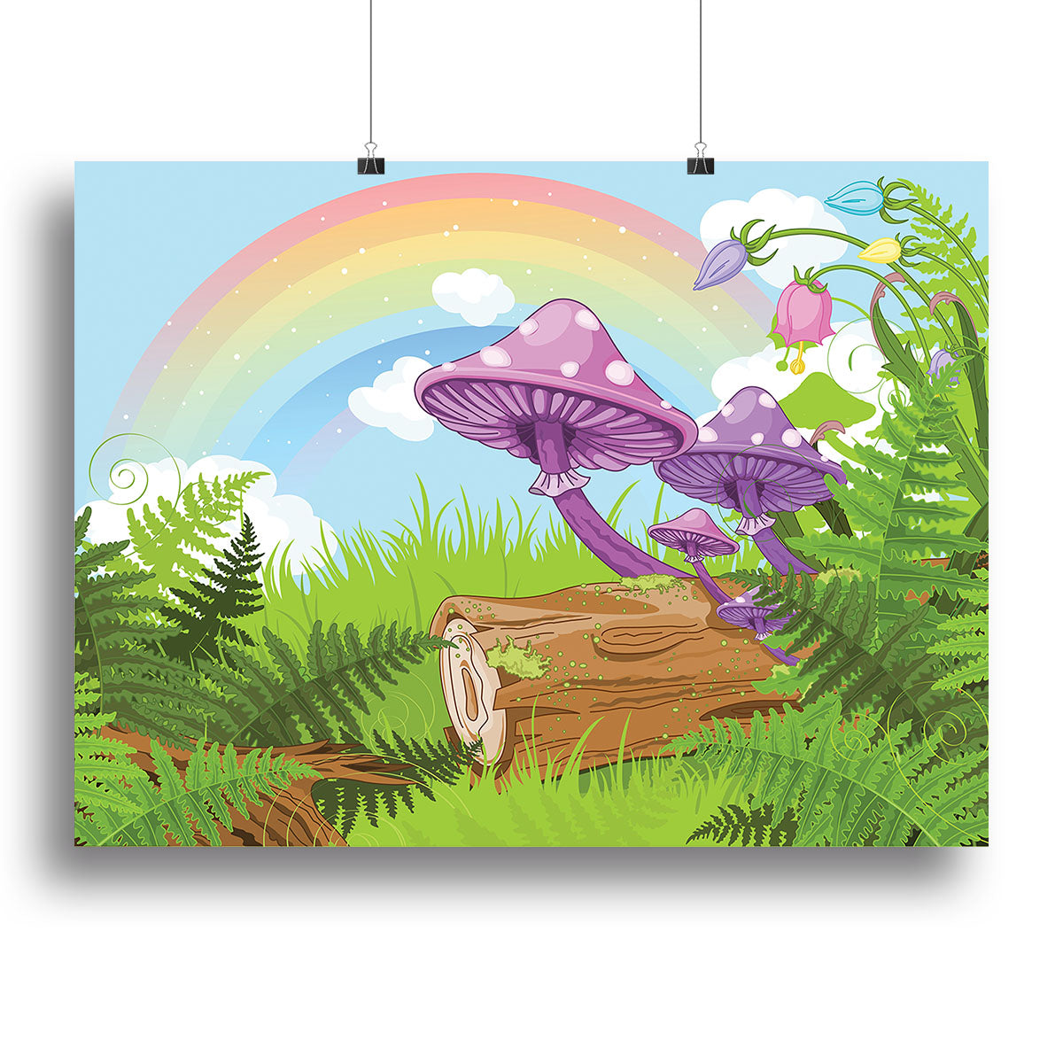 A vibrant landscape canvas print featuring colorful mushrooms and flowers, perfect for home decor.