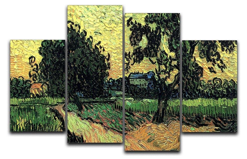A 4-split canvas artwork featuring Van Gogh's Landscape with the Chateau of Auvers at Sunset, showcasing vibrant colors and dynamic composition.