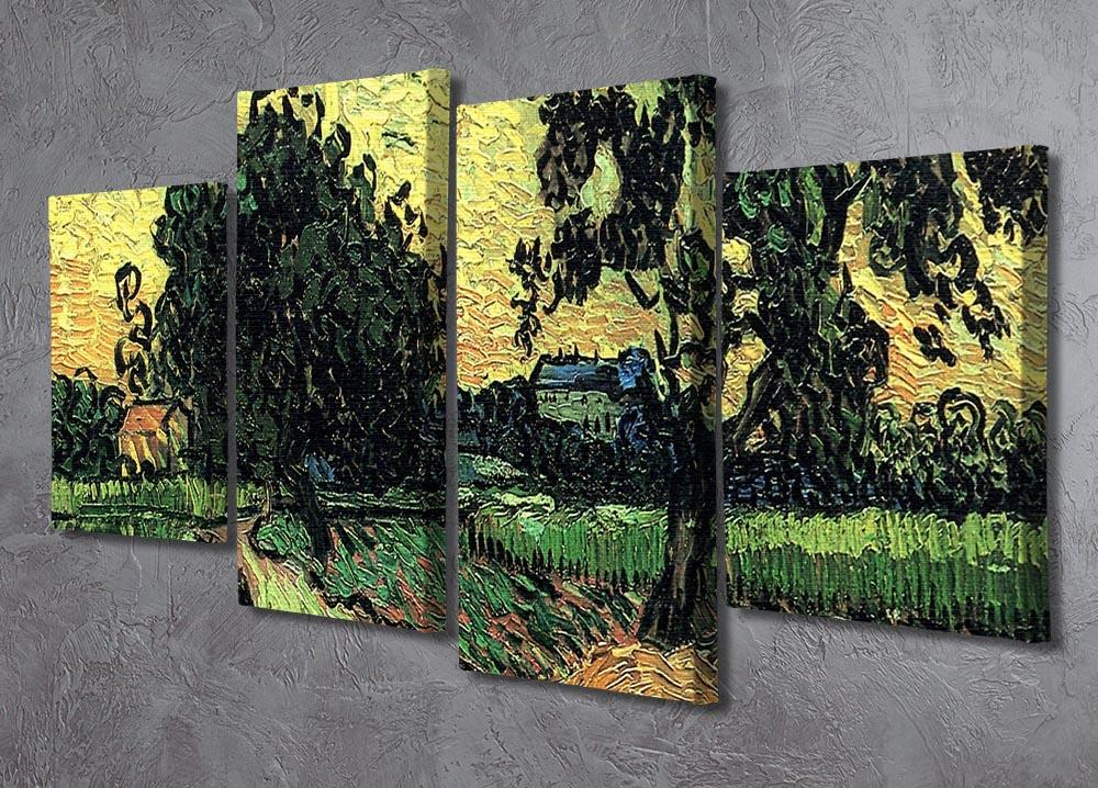 A 4-split canvas artwork featuring Van Gogh's Landscape with the Chateau of Auvers at Sunset, showcasing vibrant colors and dynamic composition.