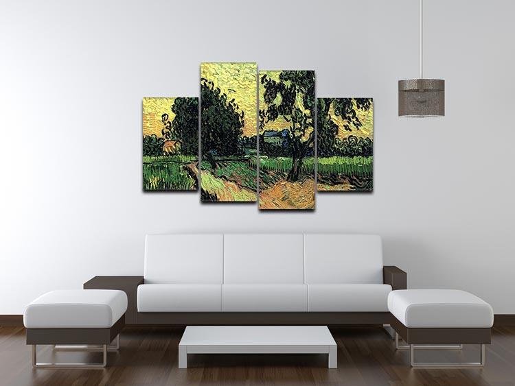 A 4-split canvas artwork featuring Van Gogh's Landscape with the Chateau of Auvers at Sunset, showcasing vibrant colors and dynamic composition.