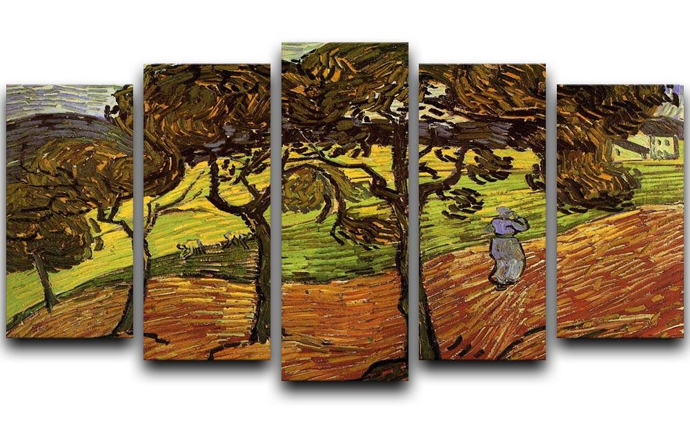 5 split panel canvas artwork of Van Gogh's Landscape with Trees and Figures, showcasing vibrant colors and serene nature.