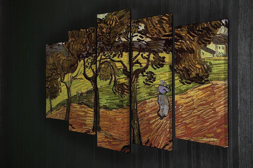 5 split panel canvas artwork of Van Gogh's Landscape with Trees and Figures, showcasing vibrant colors and serene nature.