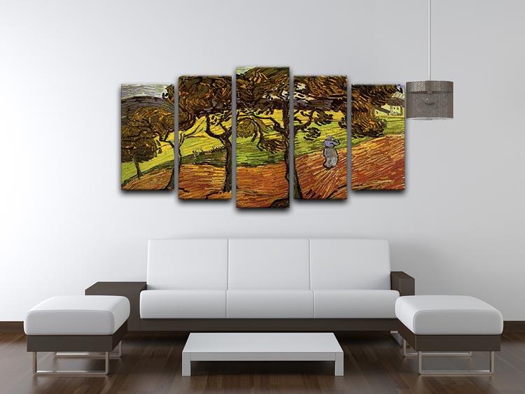 5 split panel canvas artwork of Van Gogh's Landscape with Trees and Figures, showcasing vibrant colors and serene nature.