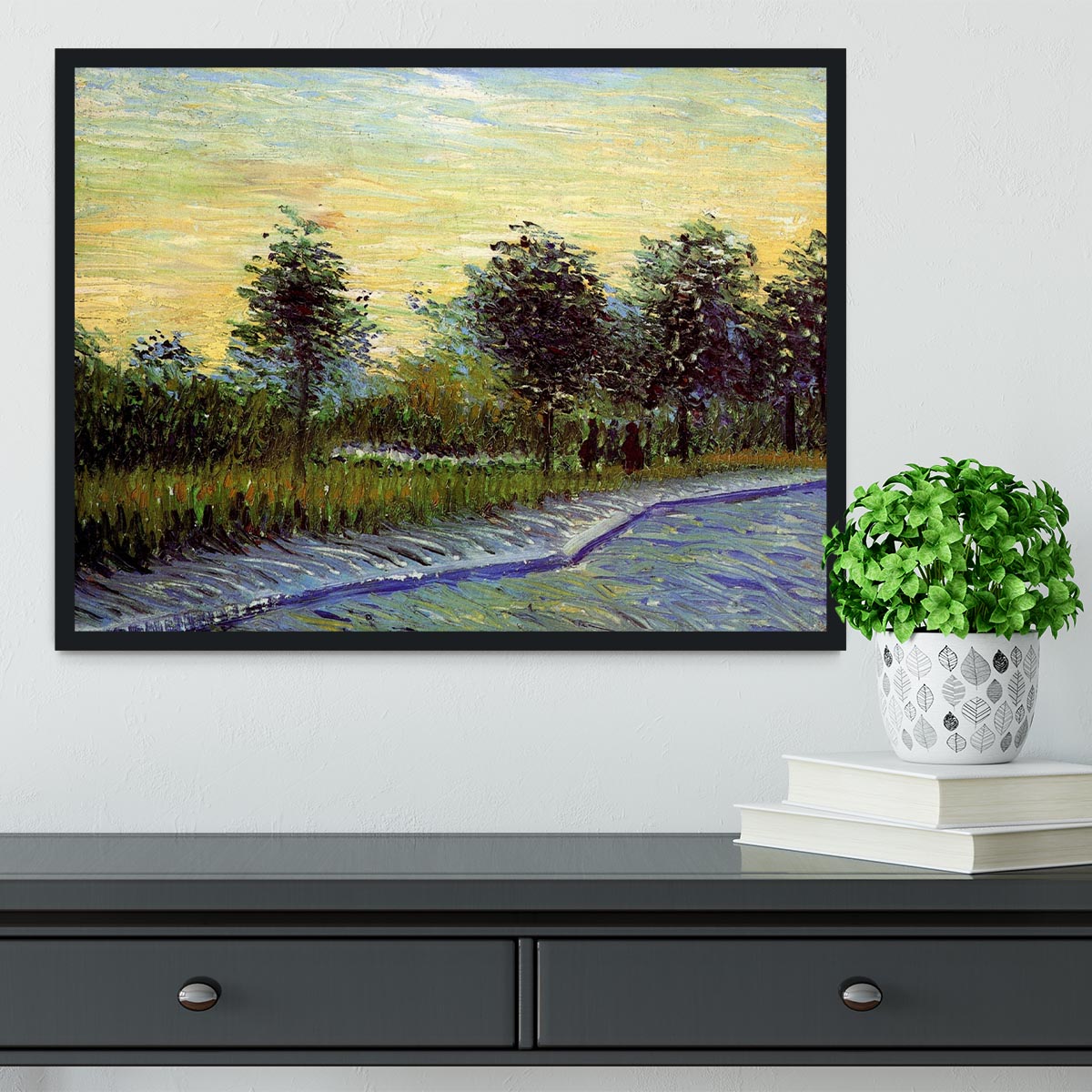 Framed print of Lane in Voyer d'Argenson Park by Van Gogh, showcasing vibrant colors and intricate details.
