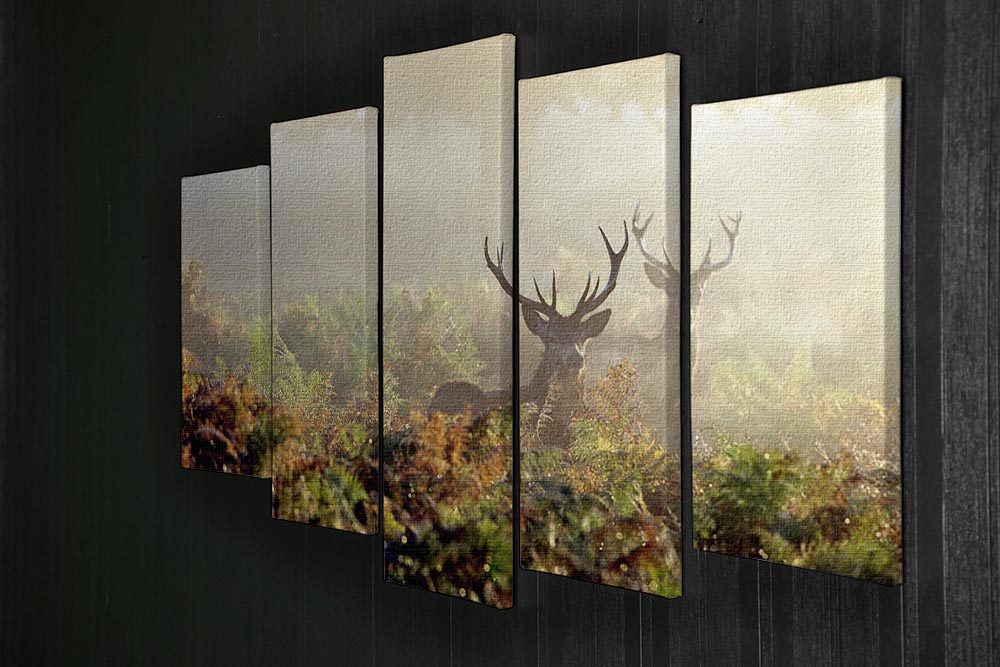 Large red deer stag artwork in mist, displayed in a 5-split canvas format, showcasing a majestic scene.